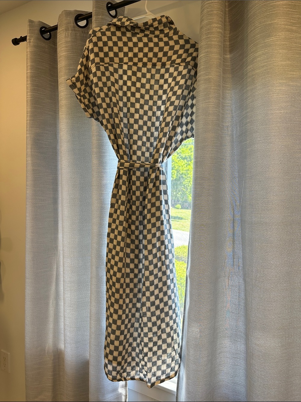 Checkered Button-Front Tie-Waist Women’s Dress - Blue And White - Picture 3 of 4